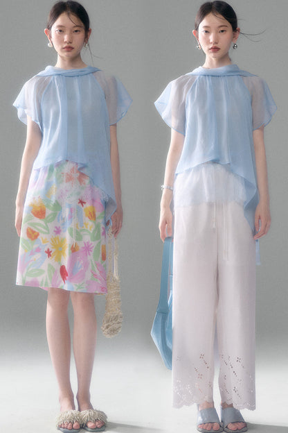 Sheer Blue Lace Ribbon Short Sleeve Top