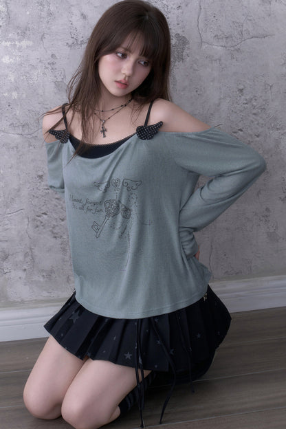 Gray Blue Draped Collar Layered-Look Blouse