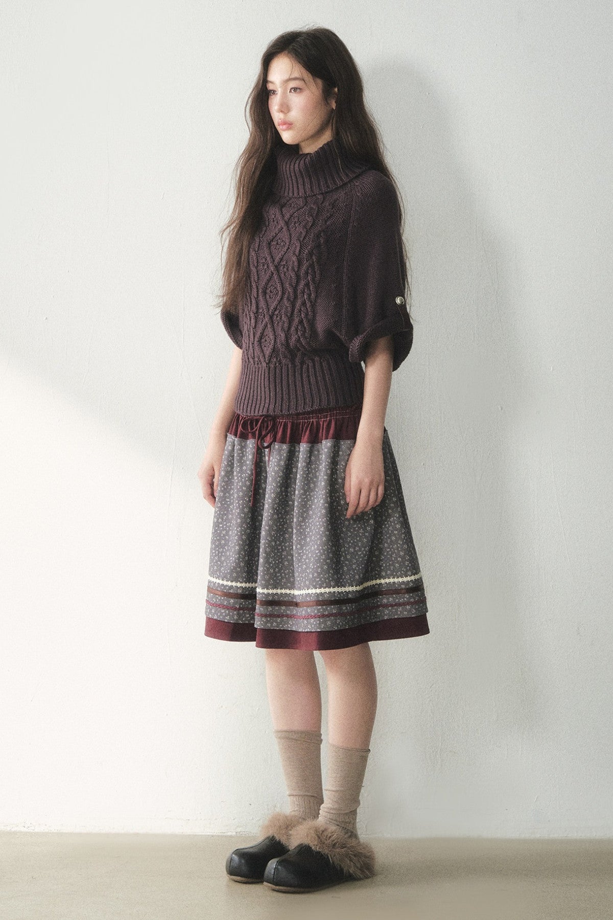 Berry Purple High-Neck Wool Knit Cape