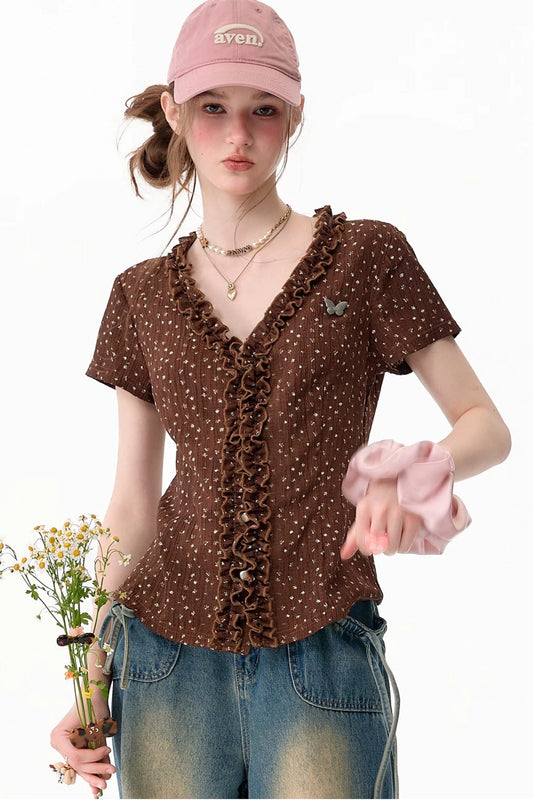 Chemisier marron en dentelle à pois