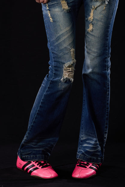Distressed Cross-Studded Flared Jeans