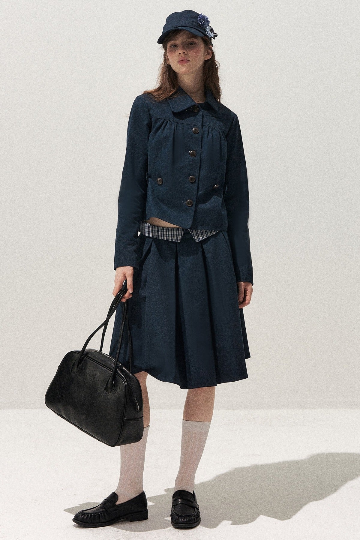 Navy Denim Jacket and Pleated Skirt Set-Up