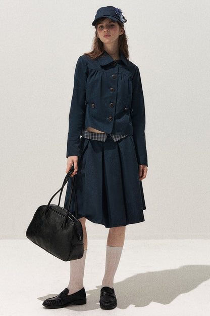 Navy Denim Jacket and Pleated Skirt Set-Up