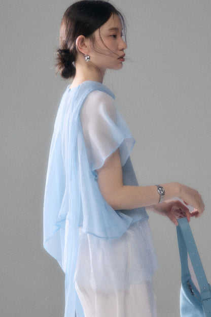 Sheer Blue Lace Ribbon Short Sleeve Top
