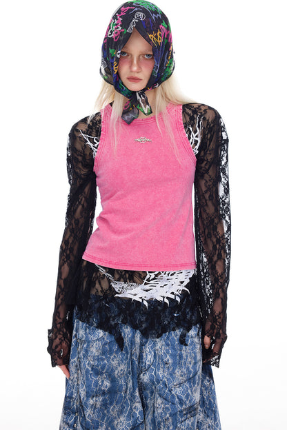 Loose Ripped Lace Cat Print Tee