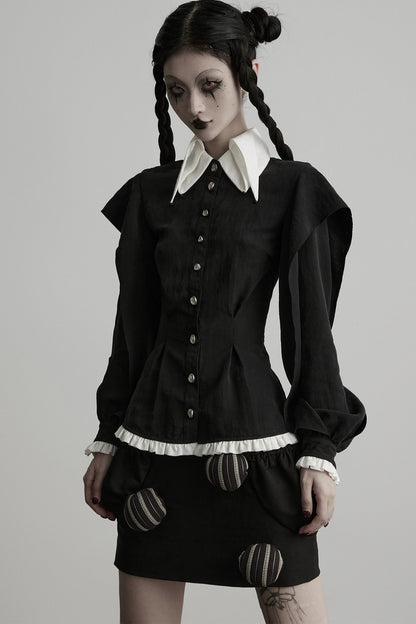 Lyocell Ruffle Patchwork Puff Sleeve Shirt
