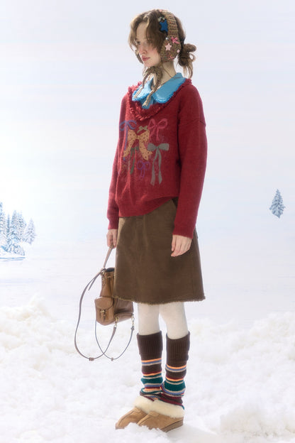 Brown Frayed Corduroy Mid-Length Skirt