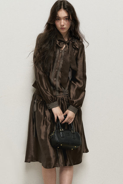 Botanical Lyocell V-Neck Ribbon Blouse And Skirt Set-Up