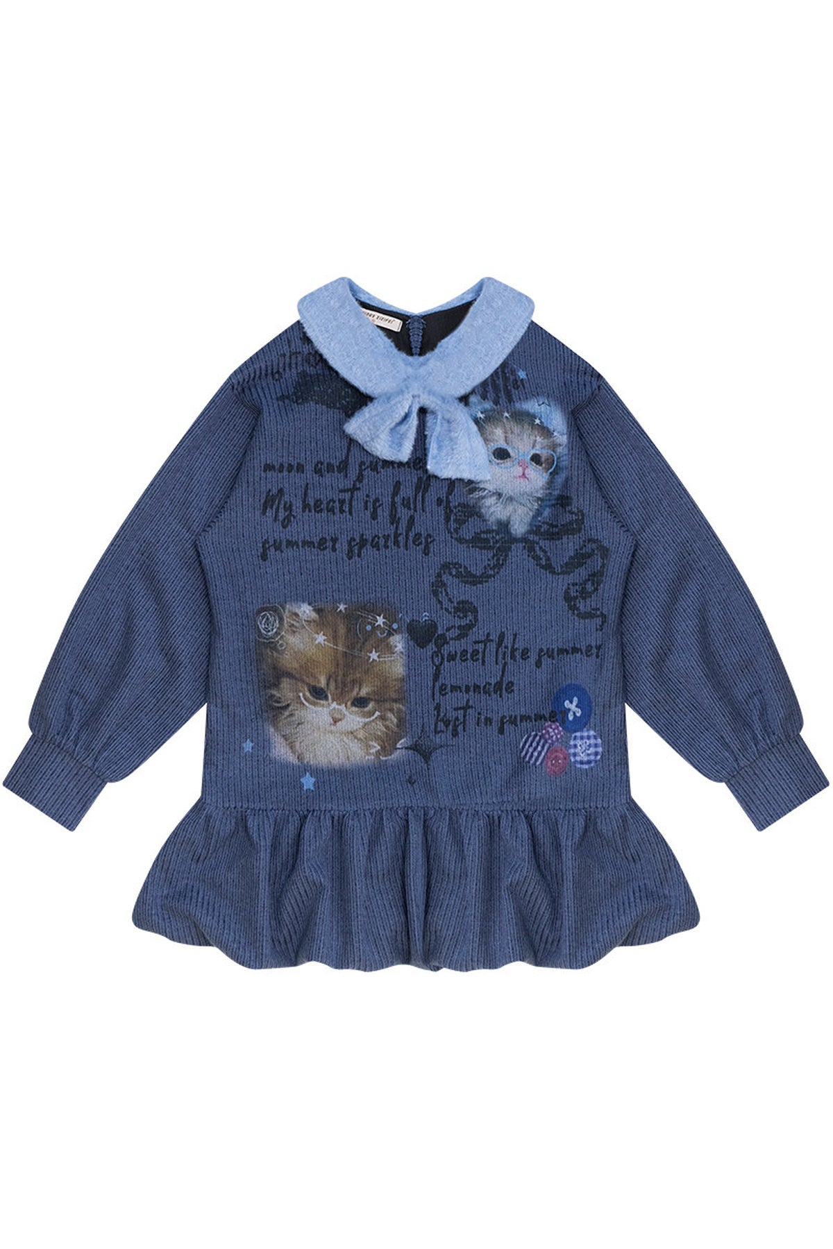 Abito in maglia blu navy con collo a fiocco e stampa gatti