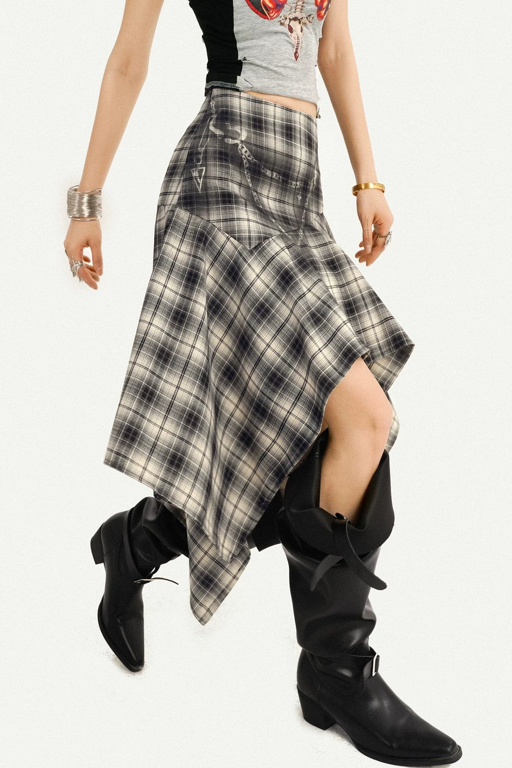 Retro Asymmetrical Plaid Midi Skirt