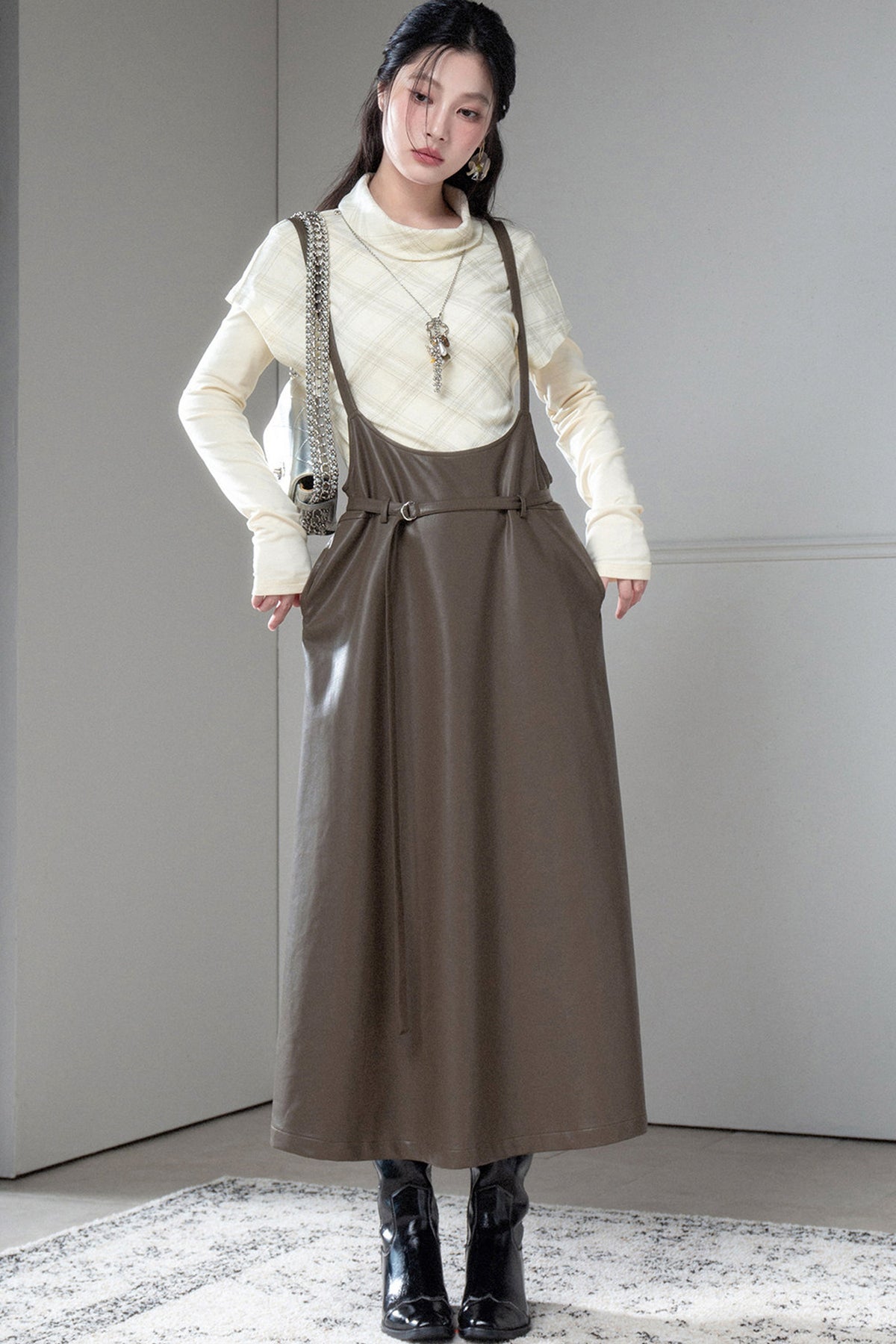 Soft Protein Leather Suspender Dress
