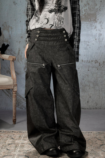 Black Patchwork Ripped High-Waisted Cargo Pants