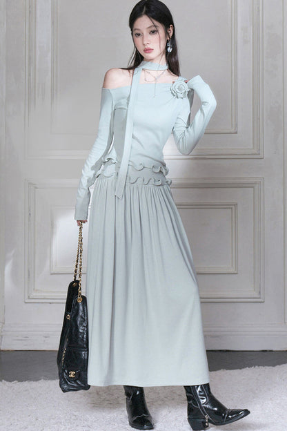 Off-Shoulder Wavy Edge Knit Top and Skirt Set