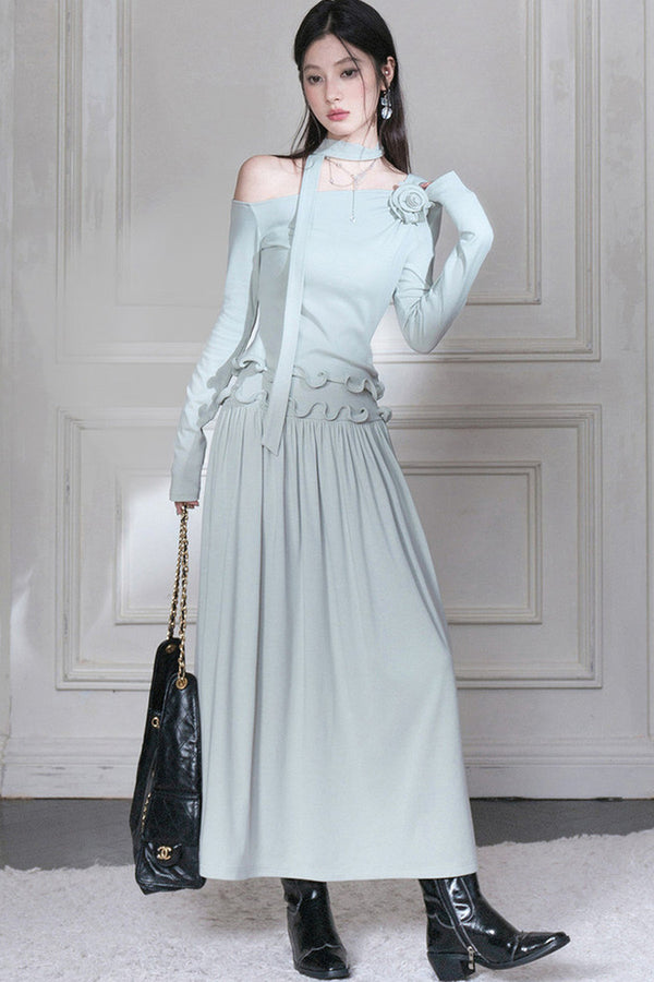 Off-Shoulder Wavy Edge Knit Top and Skirt Set
