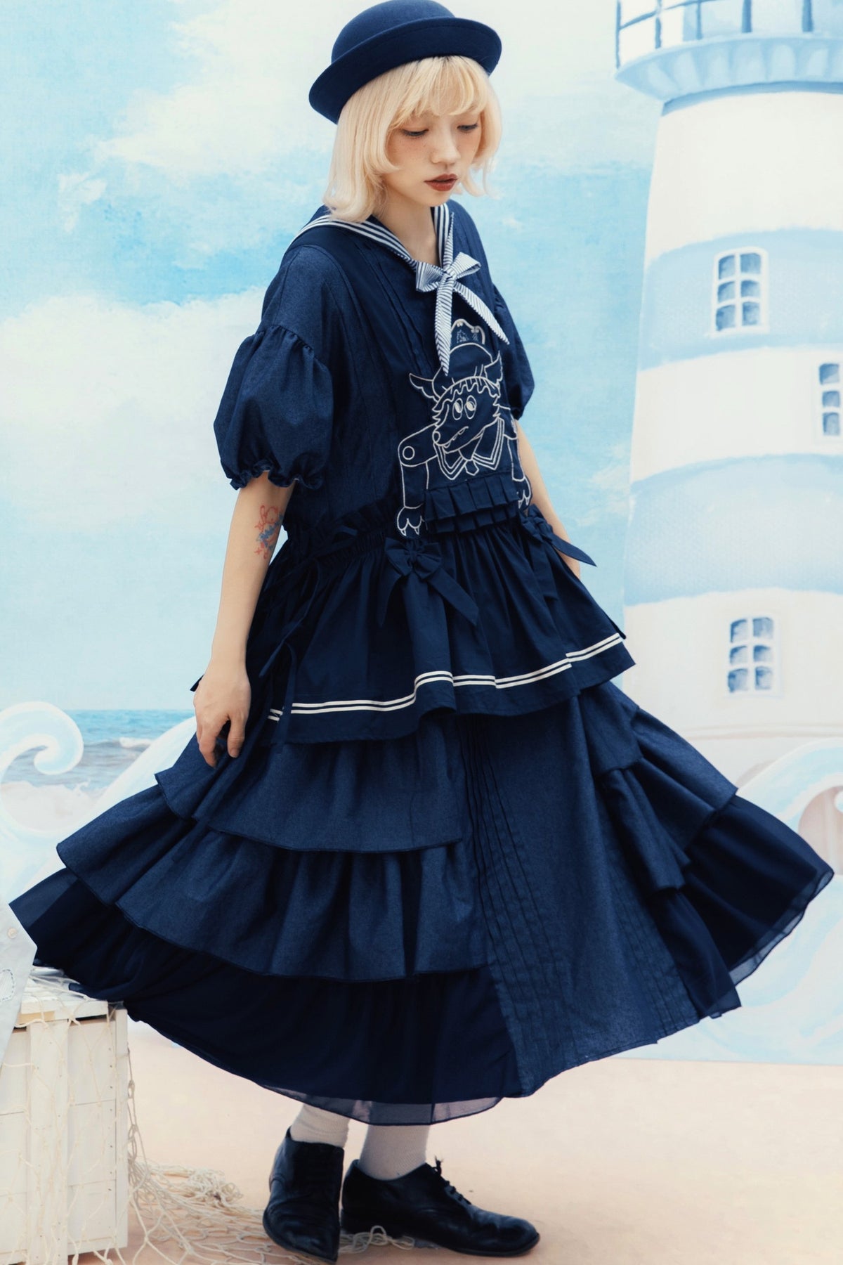 Layered-Look Wolf Embroidery Plaid Apron Dress