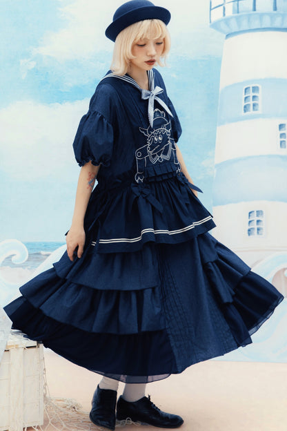 Layered-Look Wolf Embroidery Plaid Apron Dress