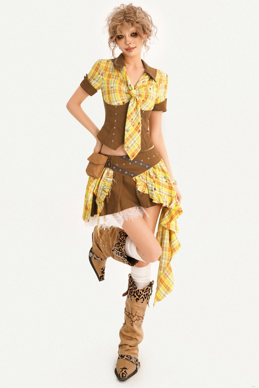 Retro Plaid Shirt and Pleated Skirt Set