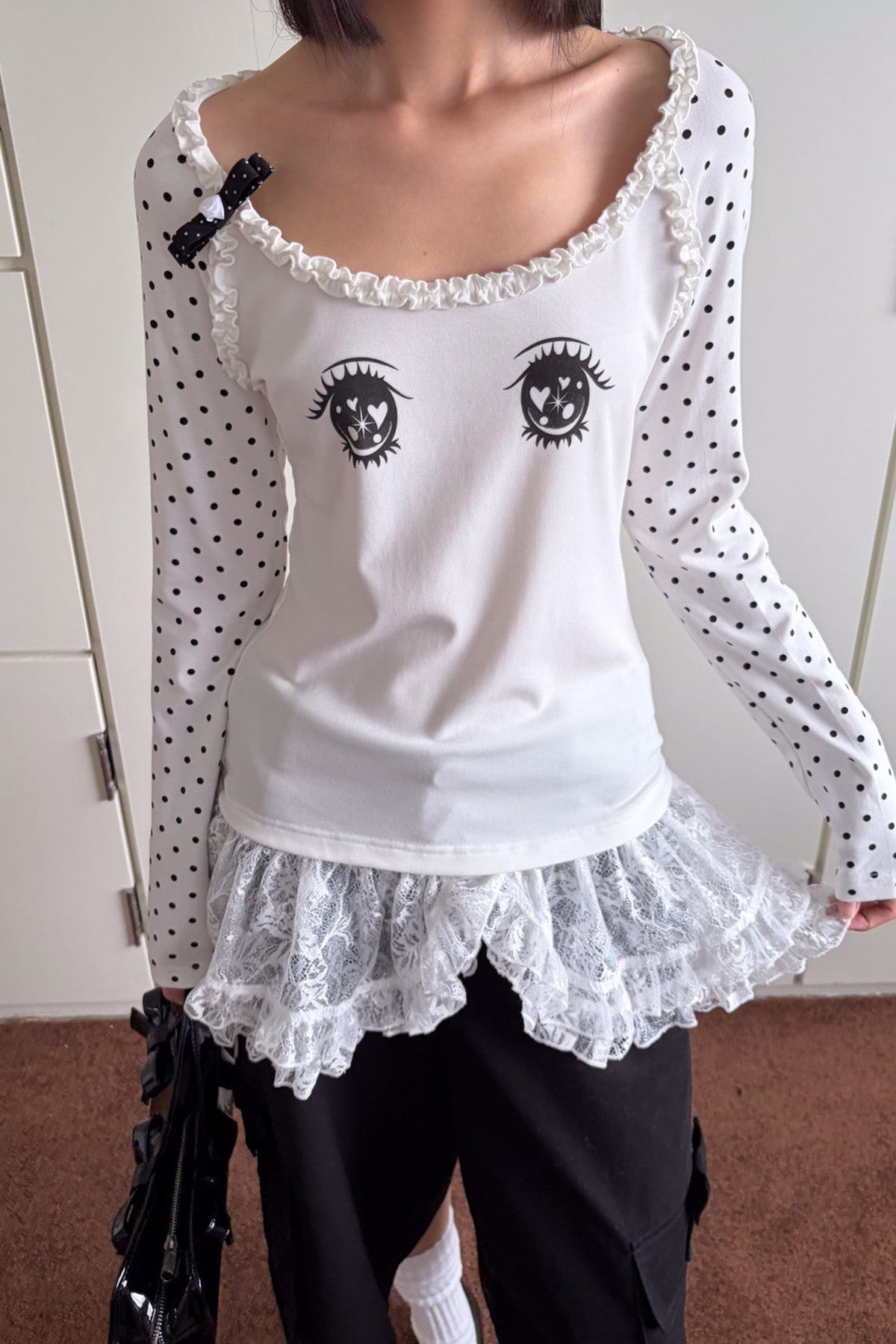 Polka Dot Eye Print Long Sleeve Top