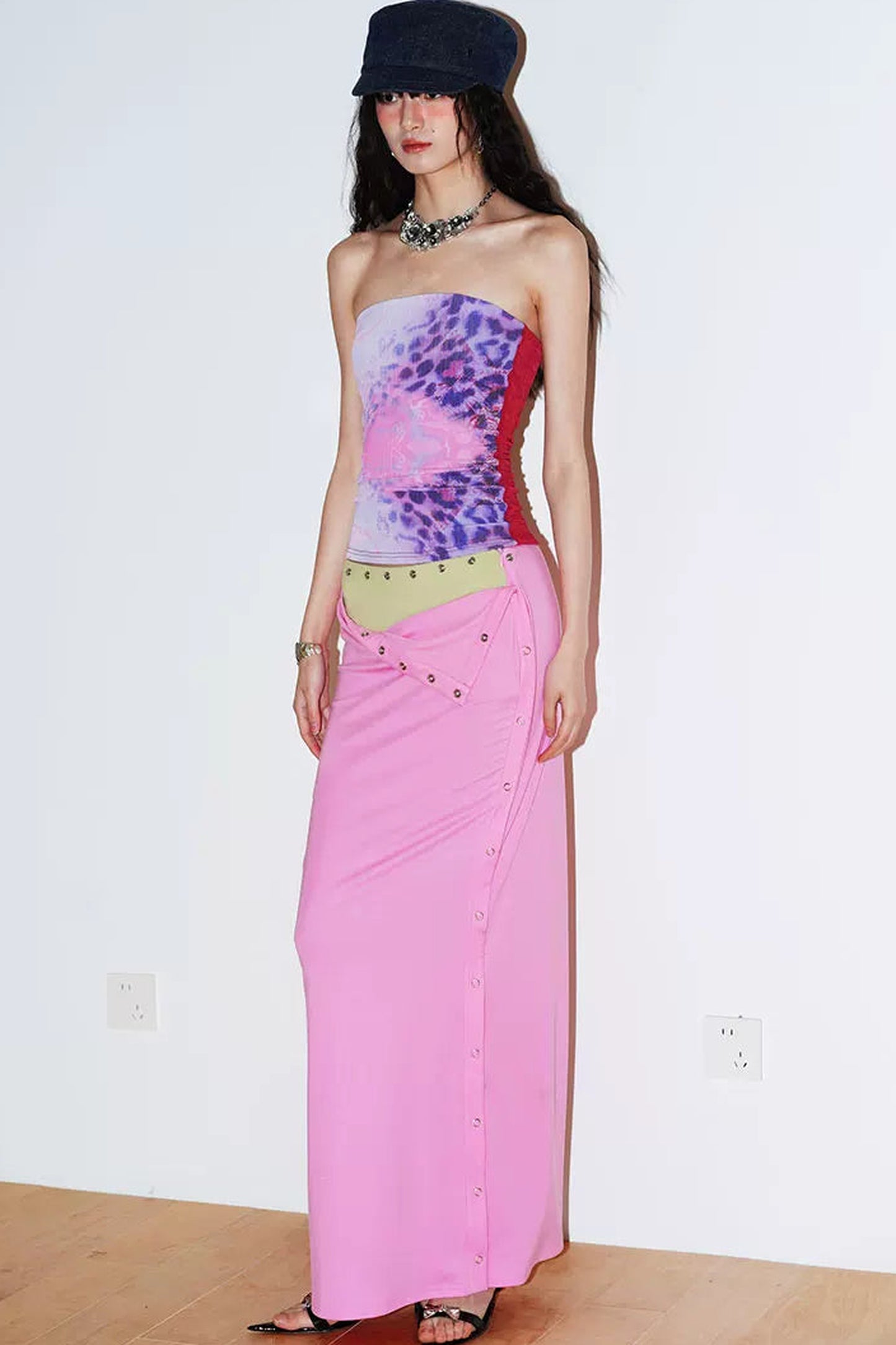 Retro Color-Block Lyocell Skirt
