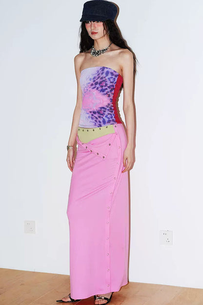 Retro Color-Block Lyocell Skirt