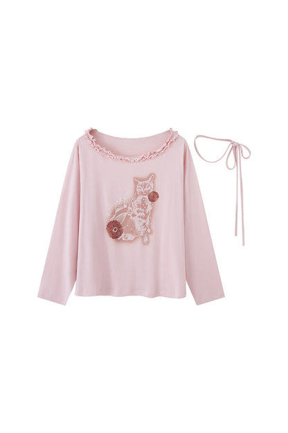 Cat Print Ruffle Off Shoulder Top