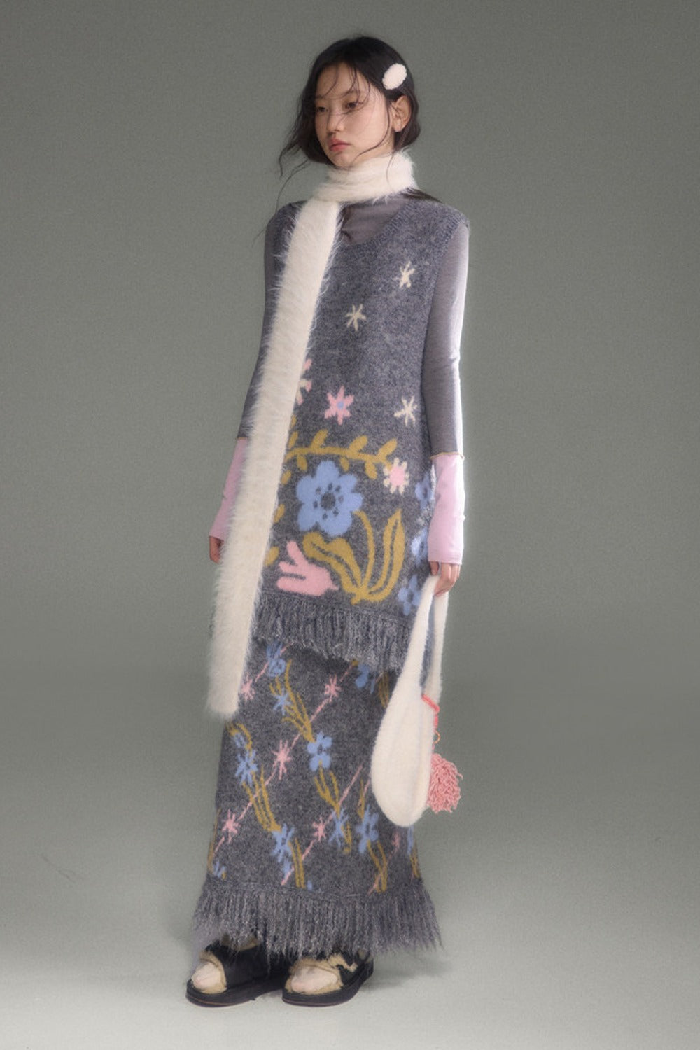 Ear-Shaped Wool-Blend Bird and Flower Jacquard Dress Set-Up