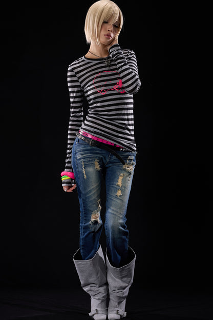 Distressed Cross-Studded Flared Jeans