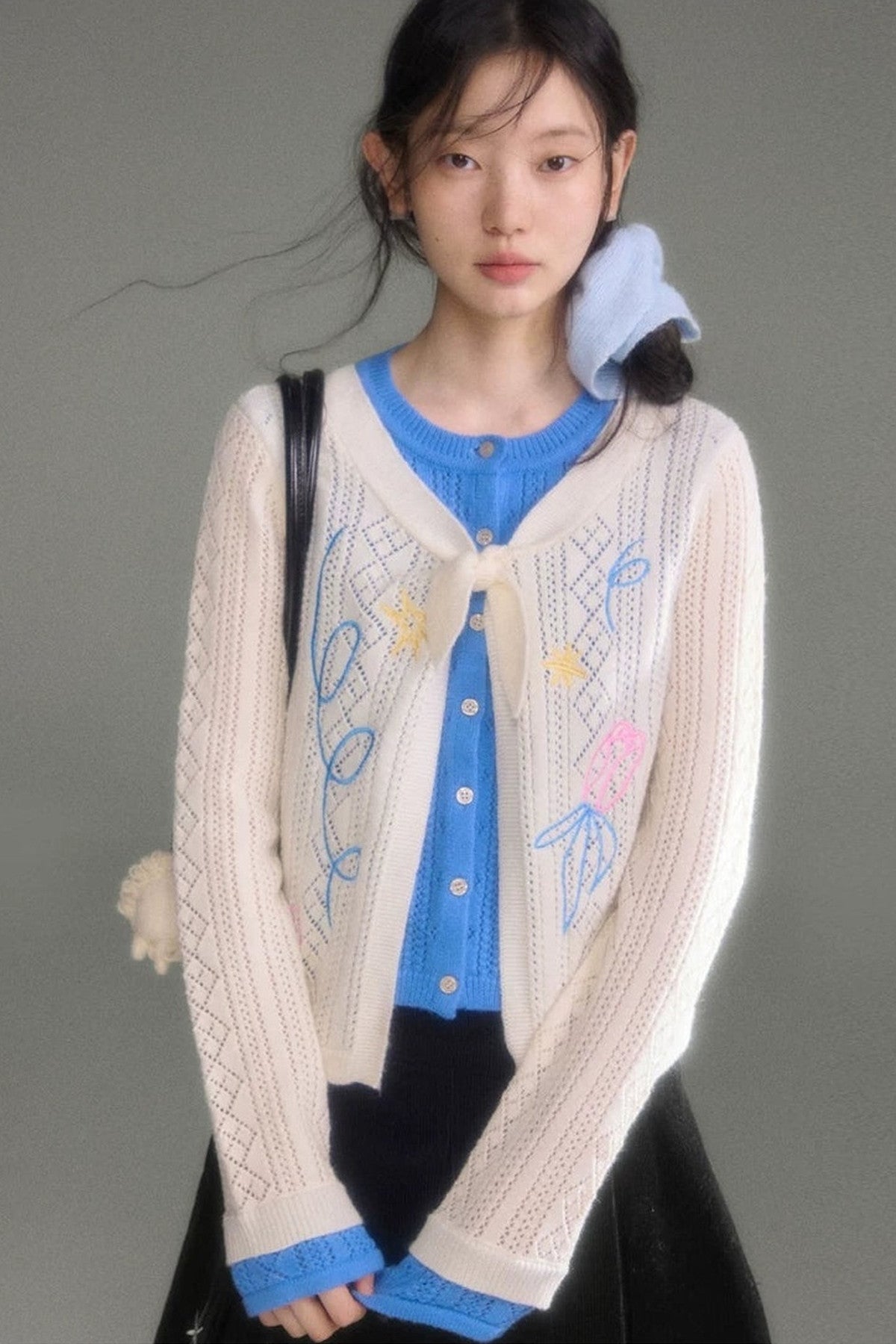 Two-Piece Wool-Blend Tulip Embroidery Knit Cardigan And Skirt Set-Up