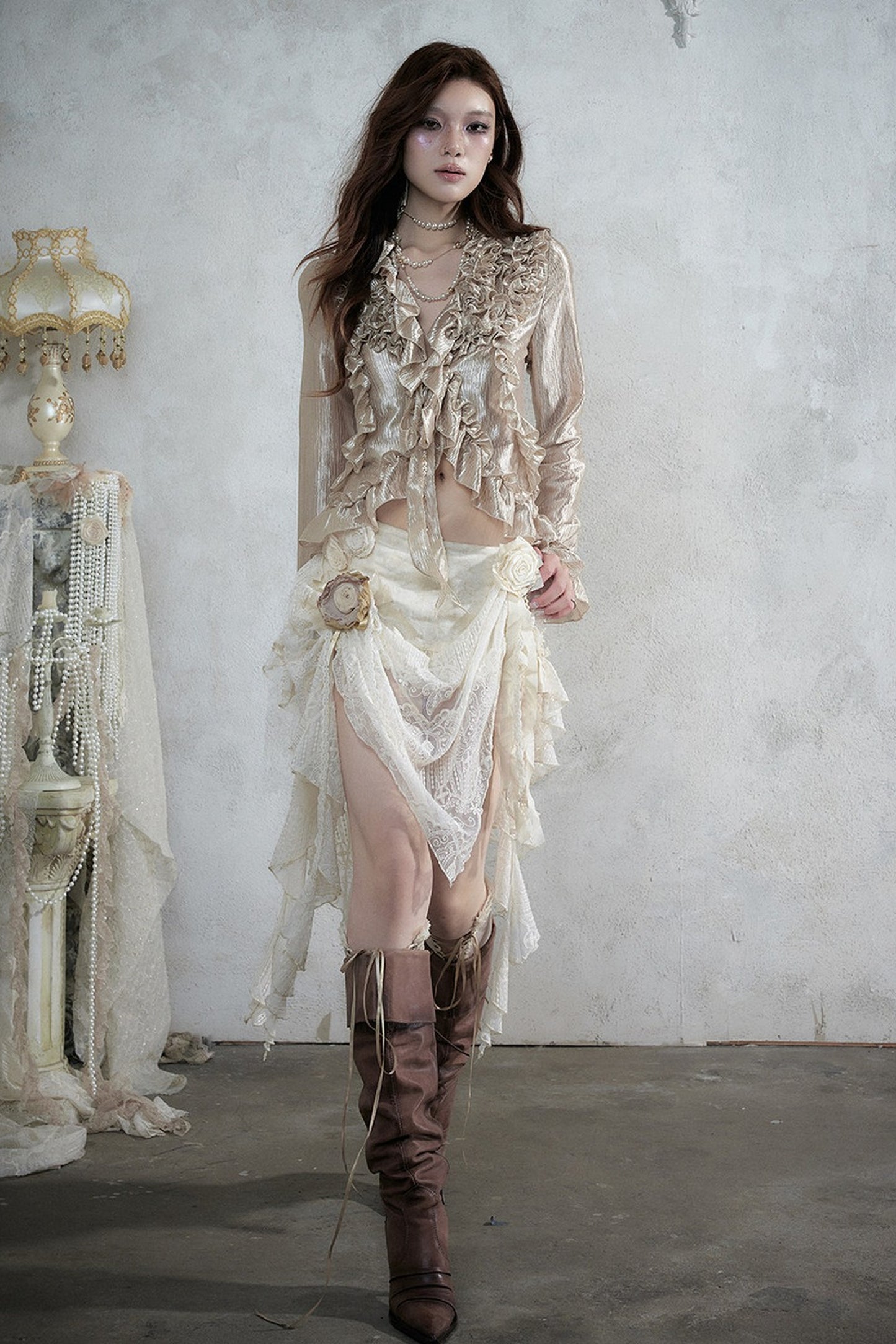 Ruffle Trim Tie Waist Long-Sleeved Blouse