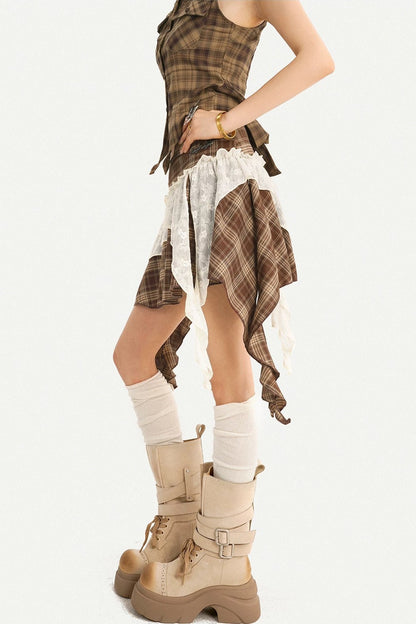 Retro Plaid Asymmetrical Short Skirt