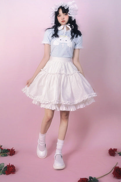 Tee-shirt à manches courtes en dentelle à imprimé chat angelot
