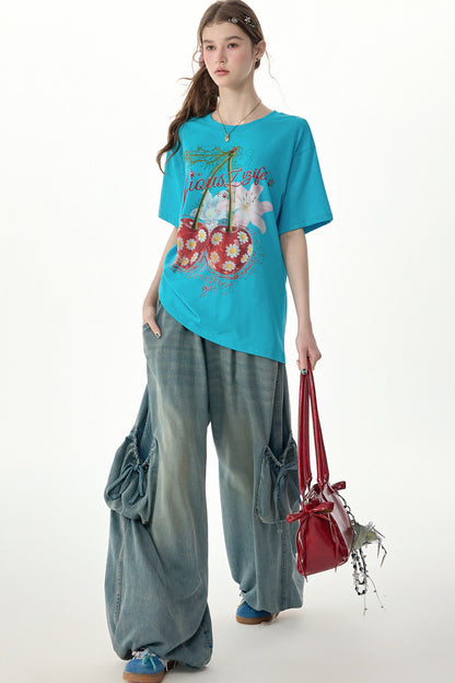 Cherry Print Blue Short-Sleeved T-Shirt