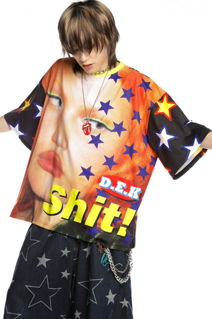 Quirky Printed Color-Blocked Collar Oversized Blouse