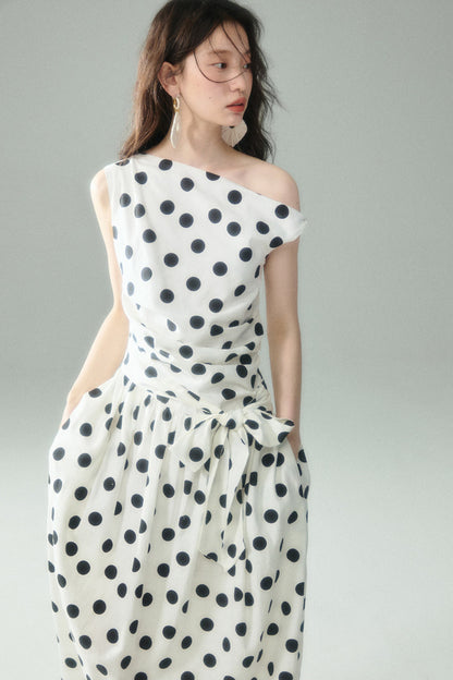 Off-Shoulder Polka Dot Twist Tie Dress