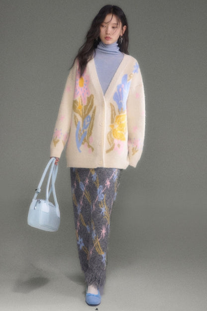 Ear-Flap Bird Tulip Jacquard Wool Cardigan