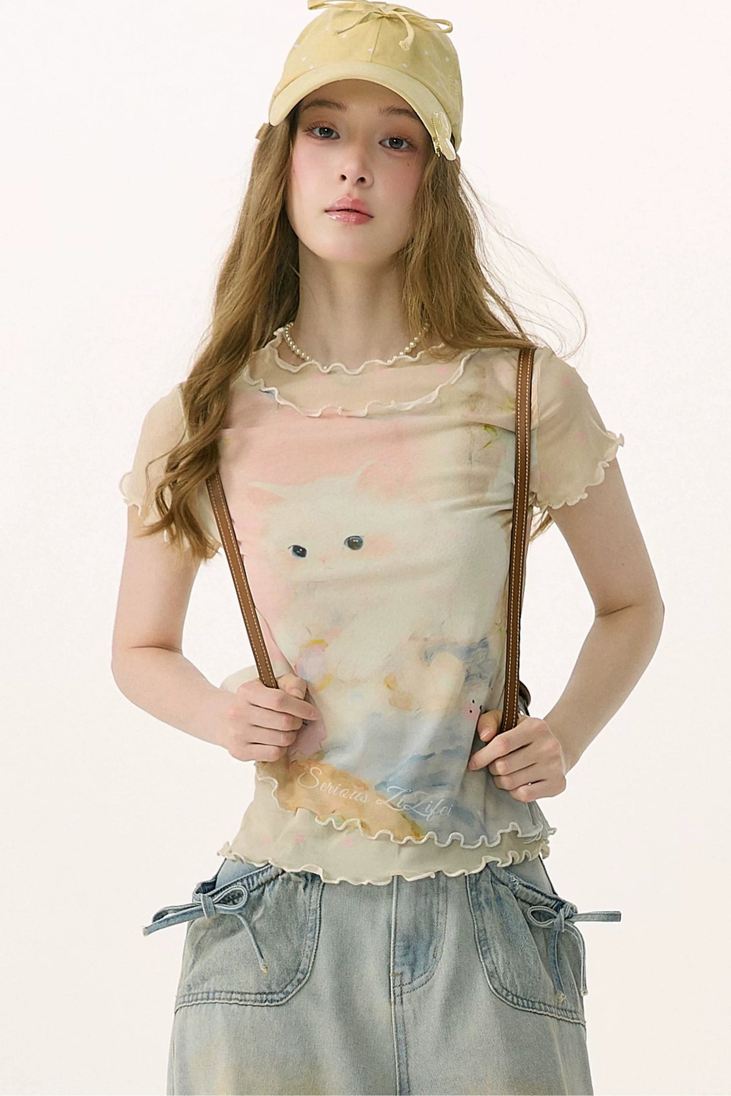 Cat Print Mesh Short Sleeve T-Shirt
