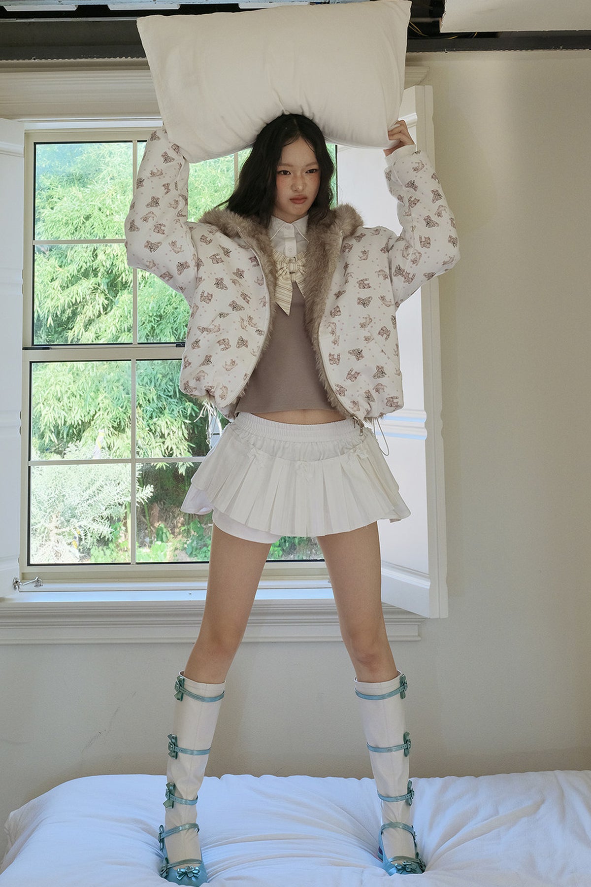 Manteau matelassé réversible à capuche avec imprimé chat