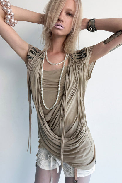 Top in maglia drappeggiato con nappine