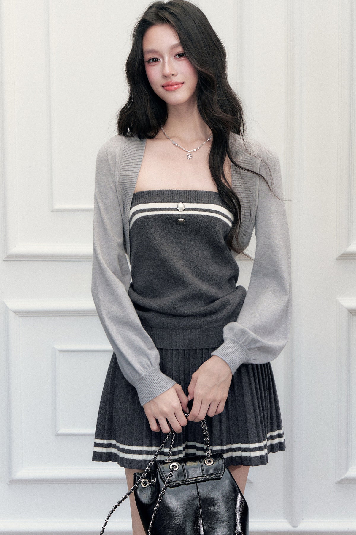 Striped Knit Vest Skirt and Jacket Set-Up