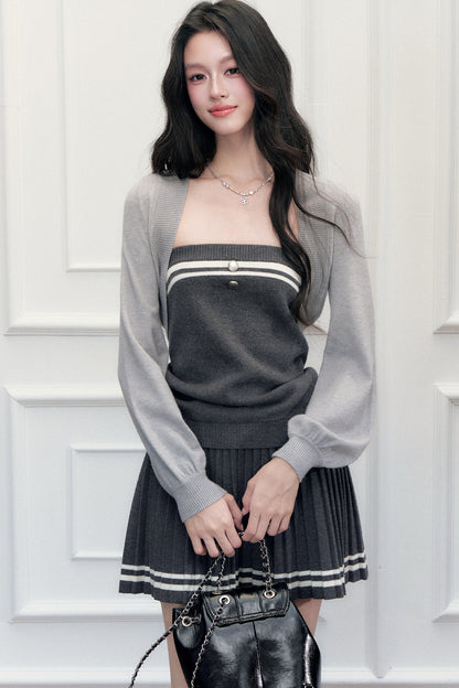 Striped Knit Vest Skirt and Jacket Set-Up