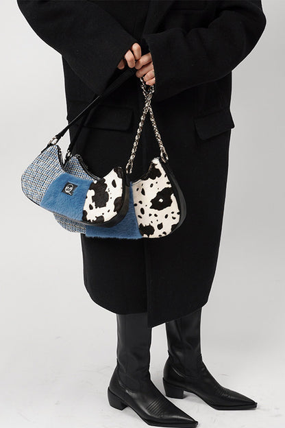 Genuine Leather Color-Block Crossbody Bag