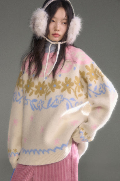 Retro Fair Isle Floral Jacquard Wool Sweater