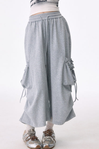 Gray Drawstring Pocket Wide-Leg Sweatpants