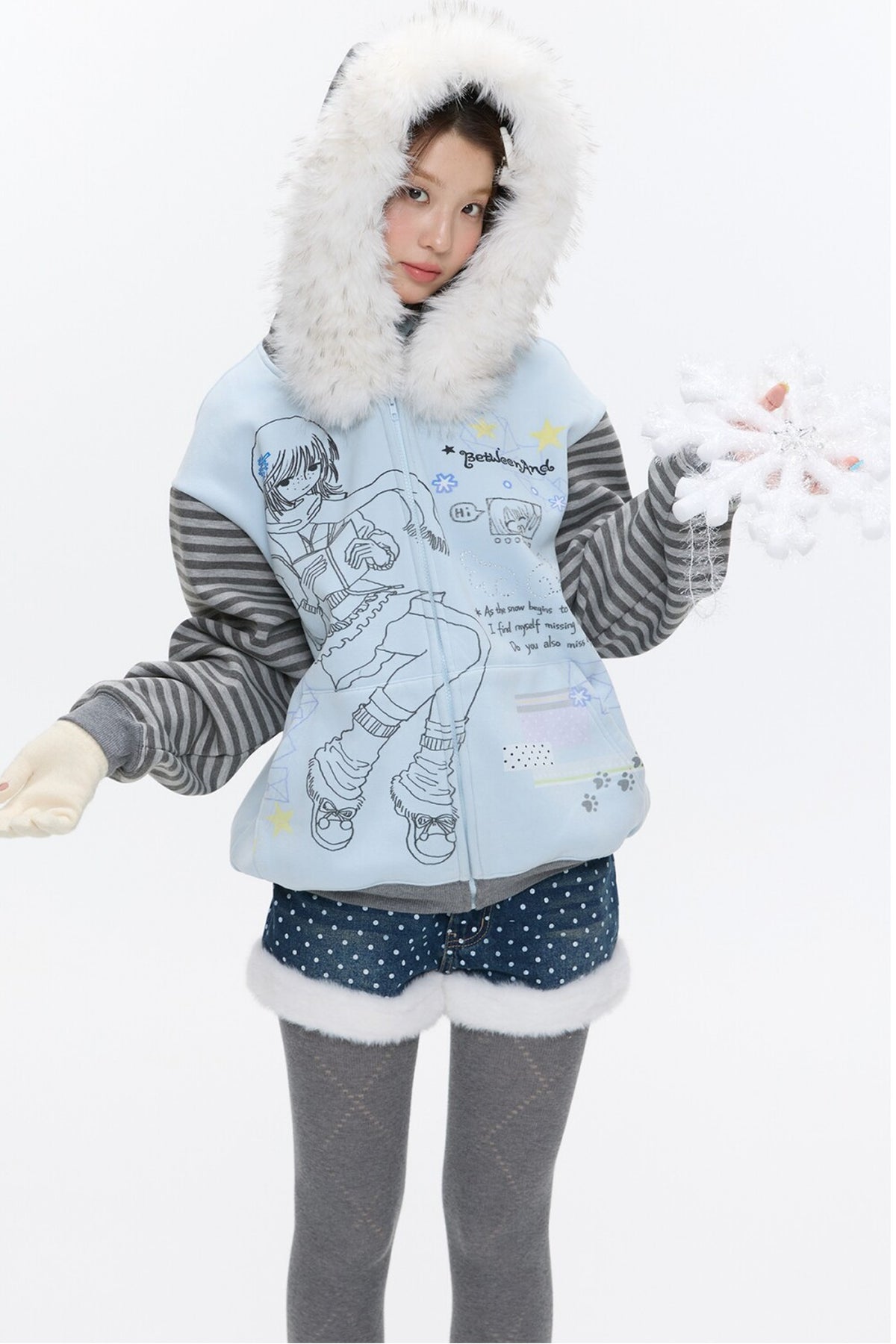 Striped Raglan Fur Collar Jacket