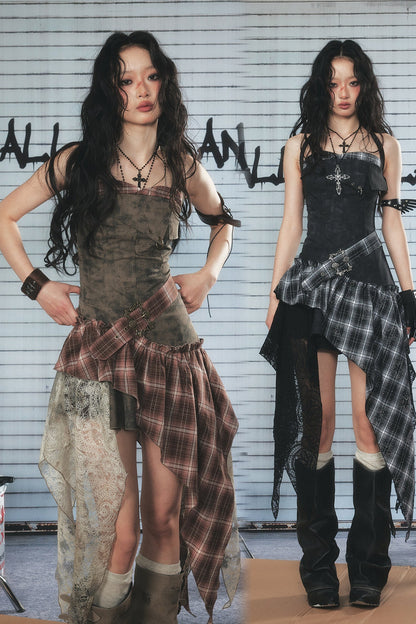 Plaid Asymmetrical Hem Layered-Look Dress