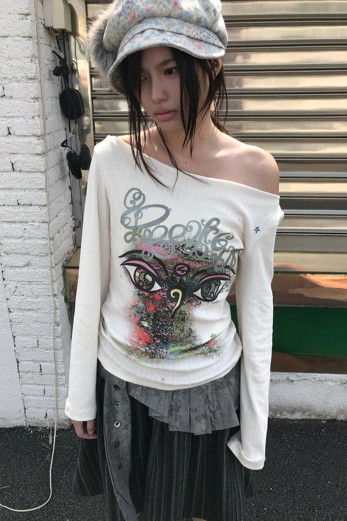 Reversible Swing Collar Long-Sleeve Printed T-Shirt