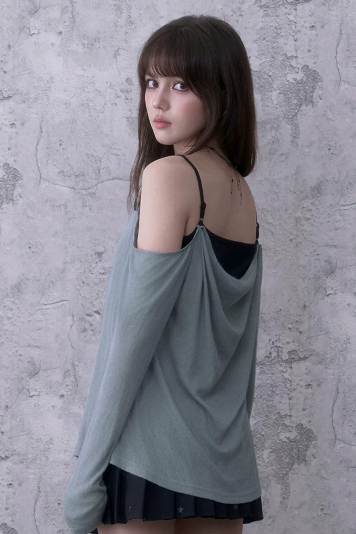 Gray Blue Draped Collar Layered-Look Blouse