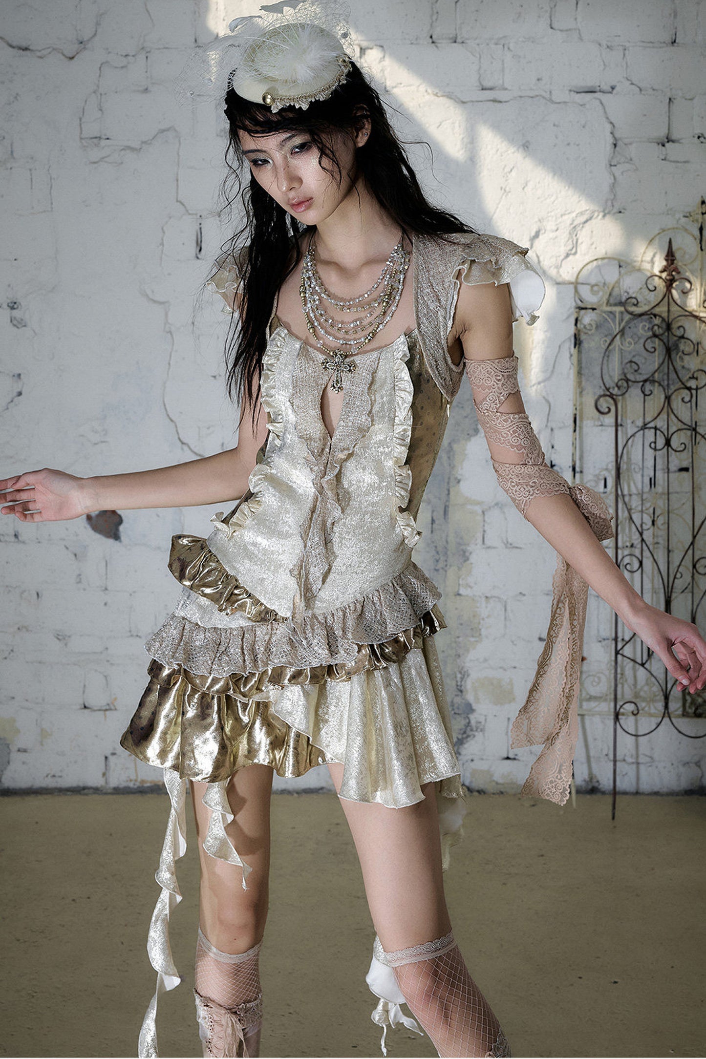 Baroque Gold Satin Ruffle Dress