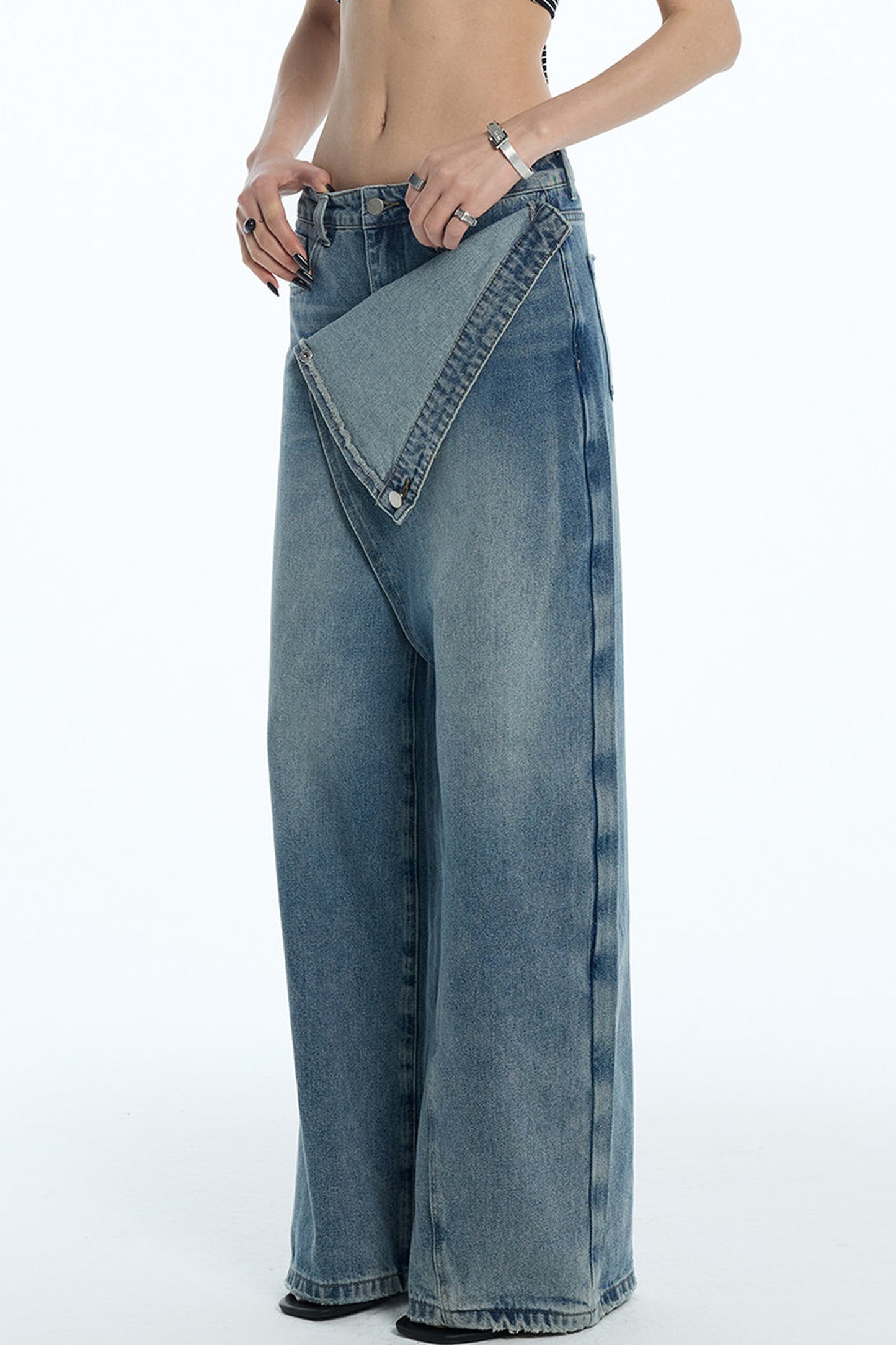 Asymmetrical Deconstructed Denim Wide-Leg Pants