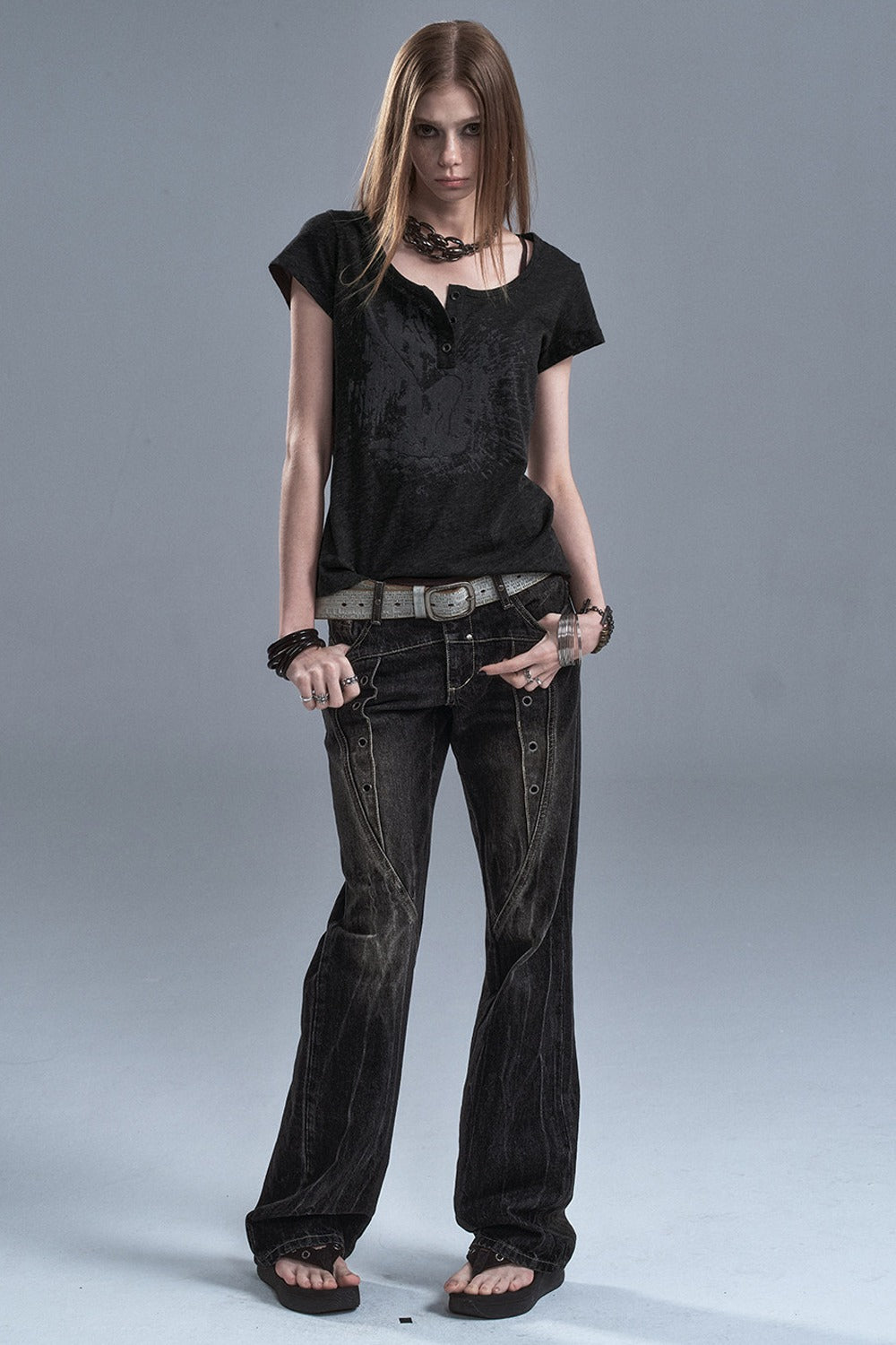 Washed Denim Flared Punk Pants